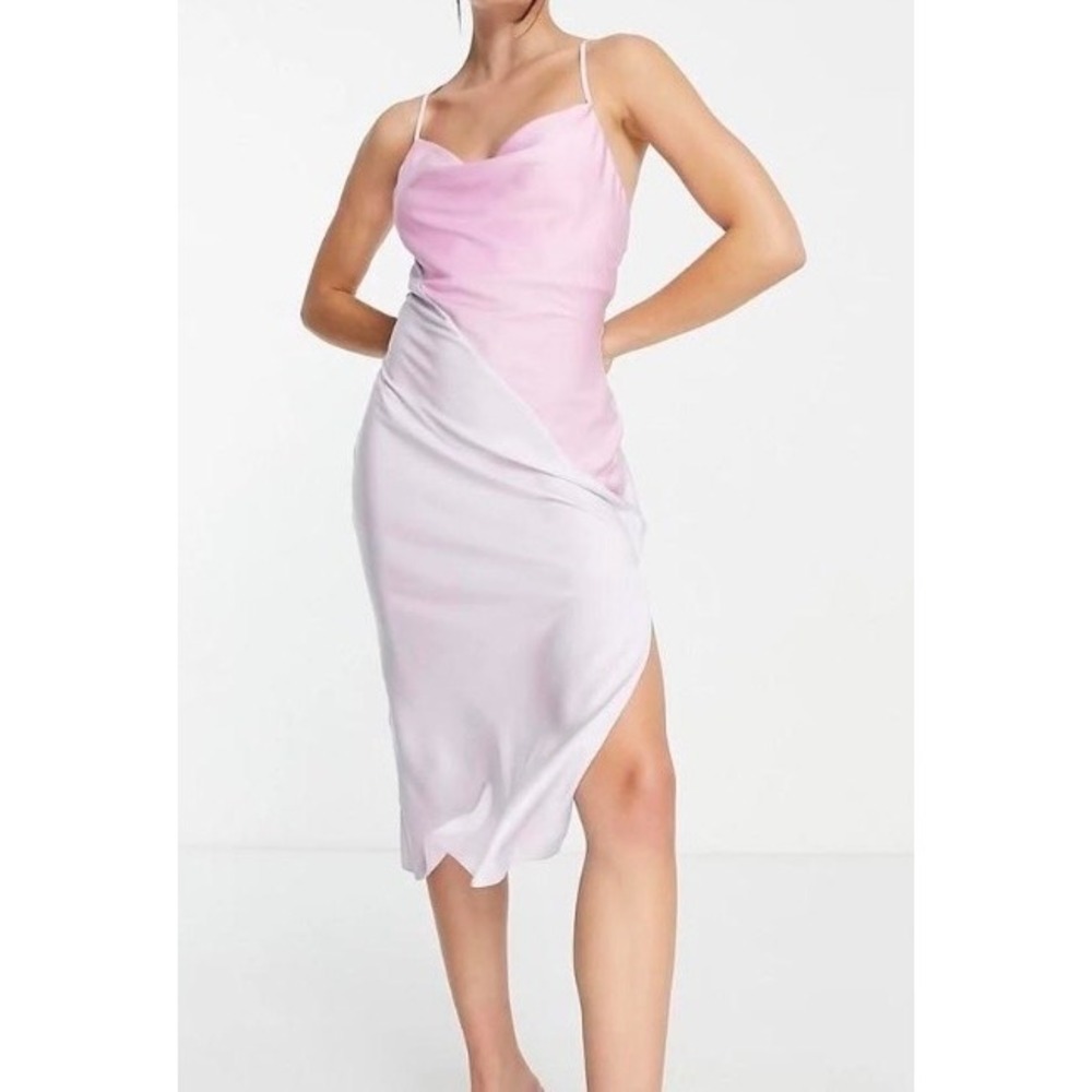ASOS DESIGN Pink Lilac Color Block Satin Cowl Neck Midi Slip Dress US 8
